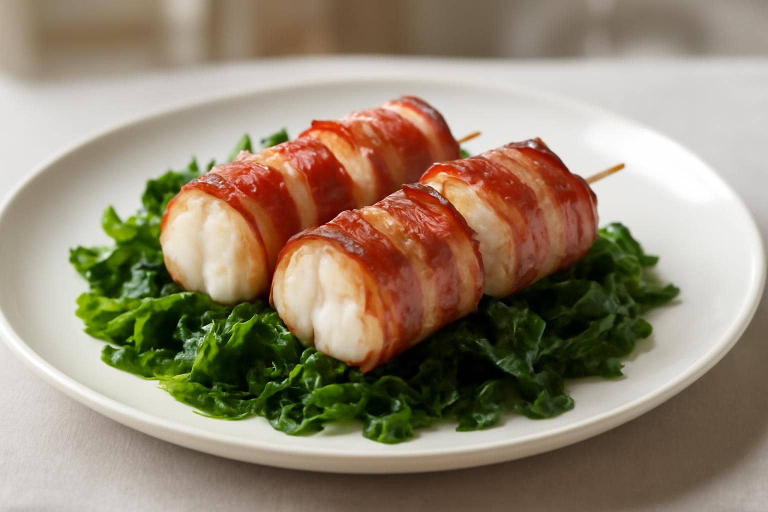 Brochettes de lotte enrobées de lard fumé sur un lit de laitue de mer – Saveurs marines sublimées