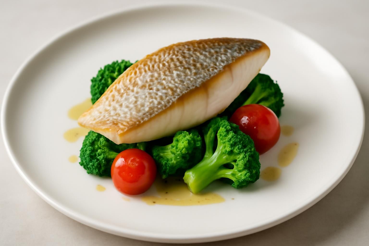 savourez un filet de barbue délicatement préparé, accompagné de brocolis croquants et de tomates cerises juteuses pour un plat marin raffiné et gourmand.