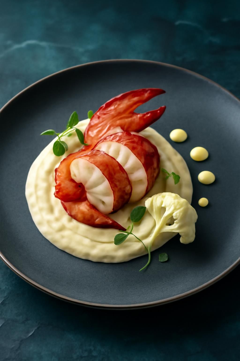 savourez notre délice marin : un homard fraîchement préparé, accompagné d'une rémoulade onctueuse et délicate de chou-fleur, pour une expérience gustative raffinée.