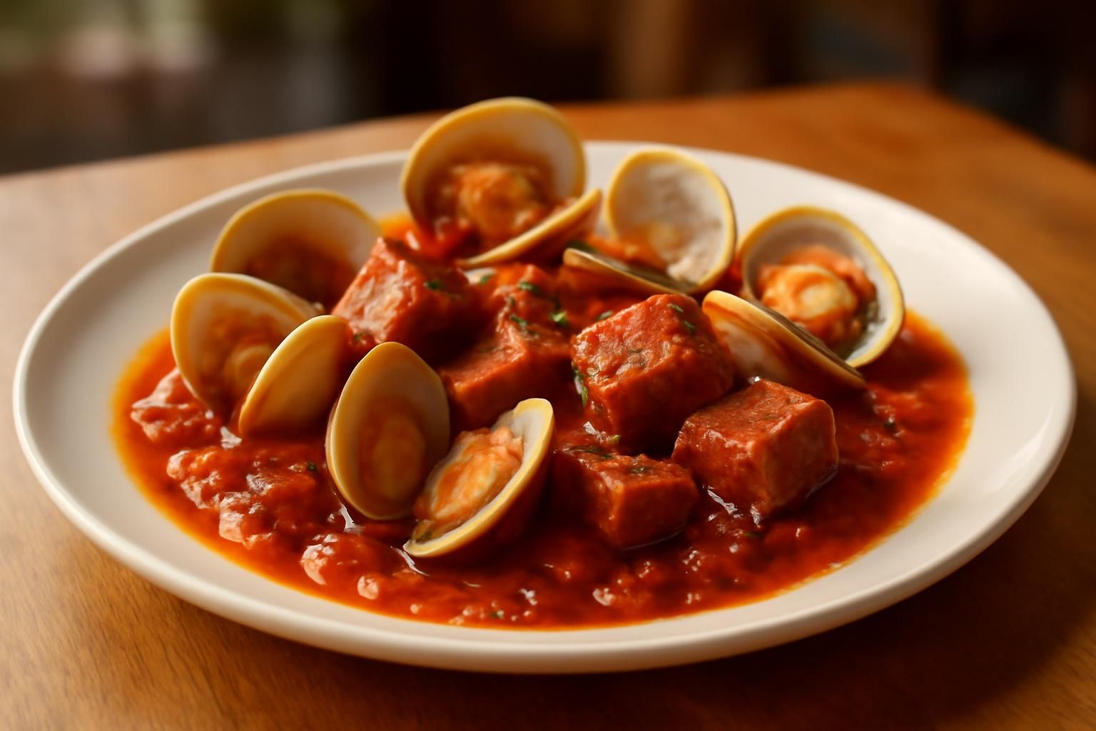 Délice marin : Palourdes au petit-salé et sauce tomate savoureuse