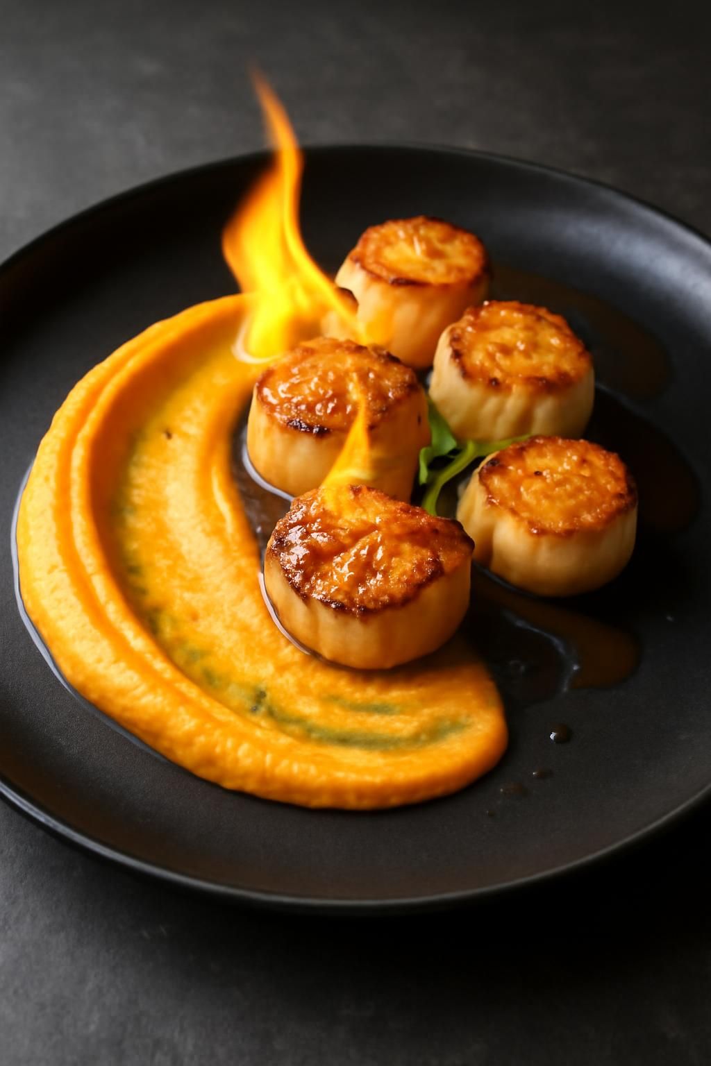 savourez nos délicieuses coquilles saint-jacques flambées au vieux rhum accompagnées d'une purée onctueuse de patate douce parfumée à la vanille, une explosion de saveurs marines et exotiques.
