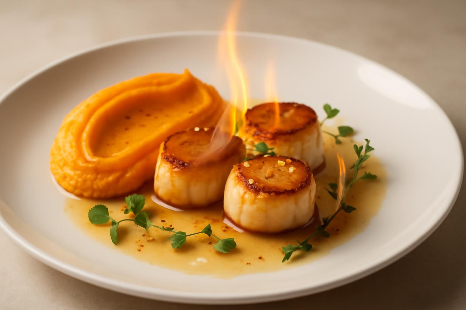 savourez des coquilles saint-jacques flambées au vieux rhum, accompagnées d'une purée onctueuse de patate douce à la vanille, pour une expérience culinaire marine unique et raffinée.