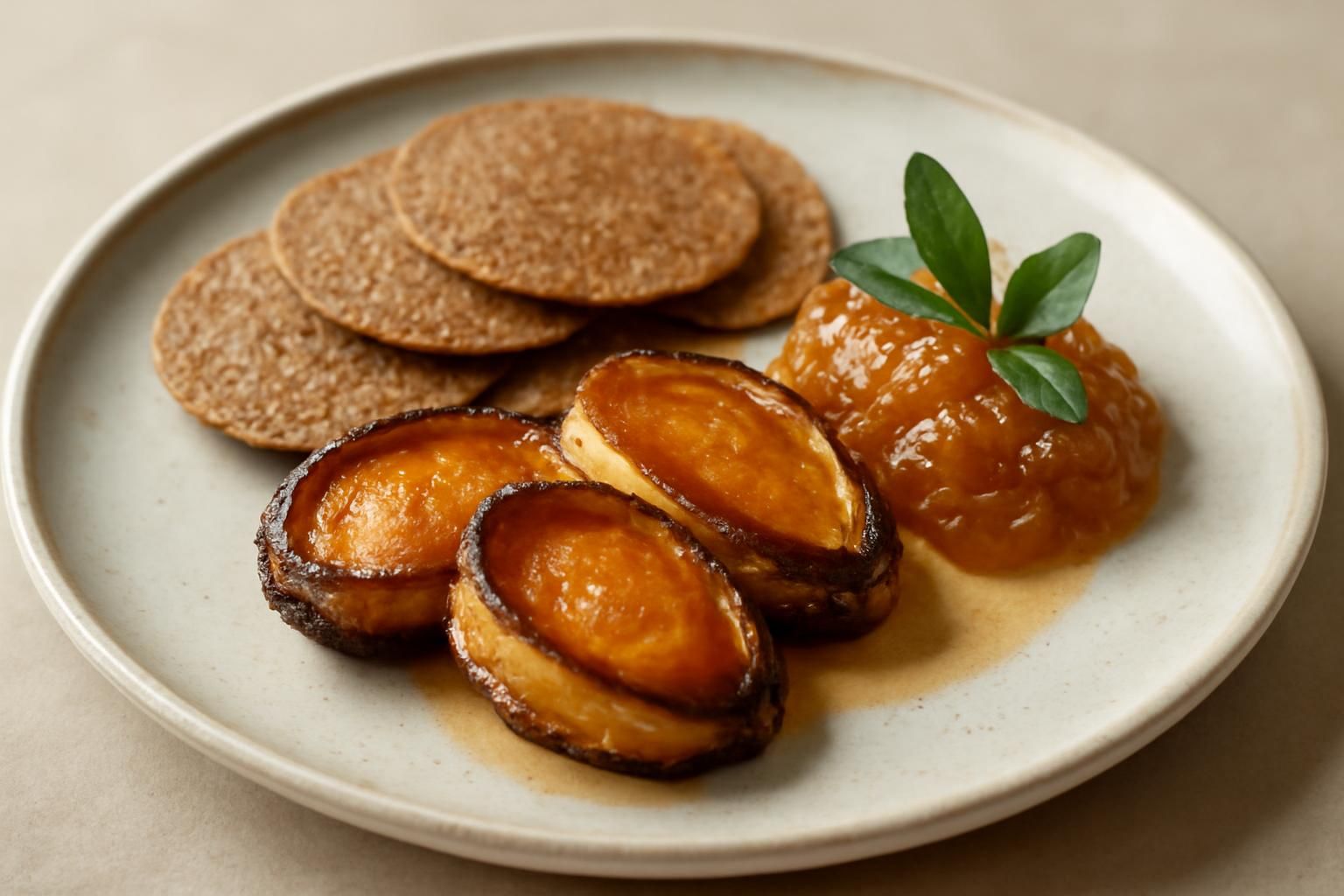 savourez nos délices marins avec des ormeaux poêlés accompagnés d'un confit d'échalotes à la sauge et de galettes de sarrasin croustillantes, pour une expérience culinaire raffinée et gourmande.
