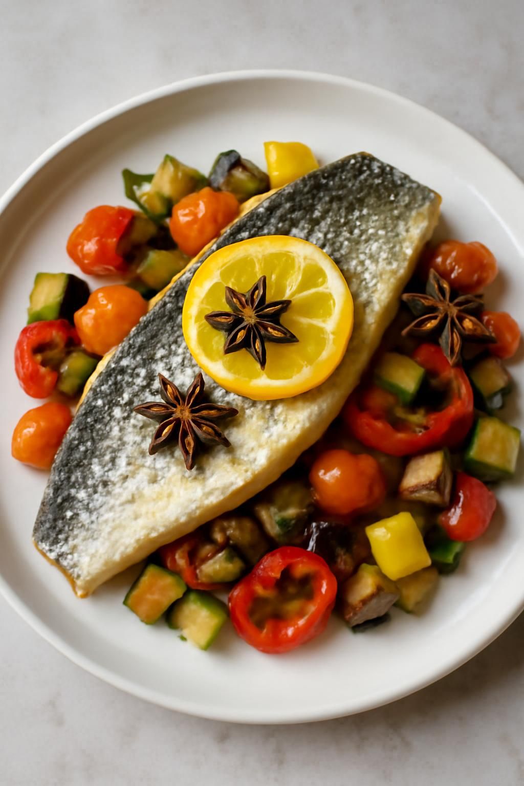 découvrez notre filet de bar délicatement parfumé à la badiane et au citron confit, pour une explosion de saveurs marines raffinées qui éveilleront vos papilles.