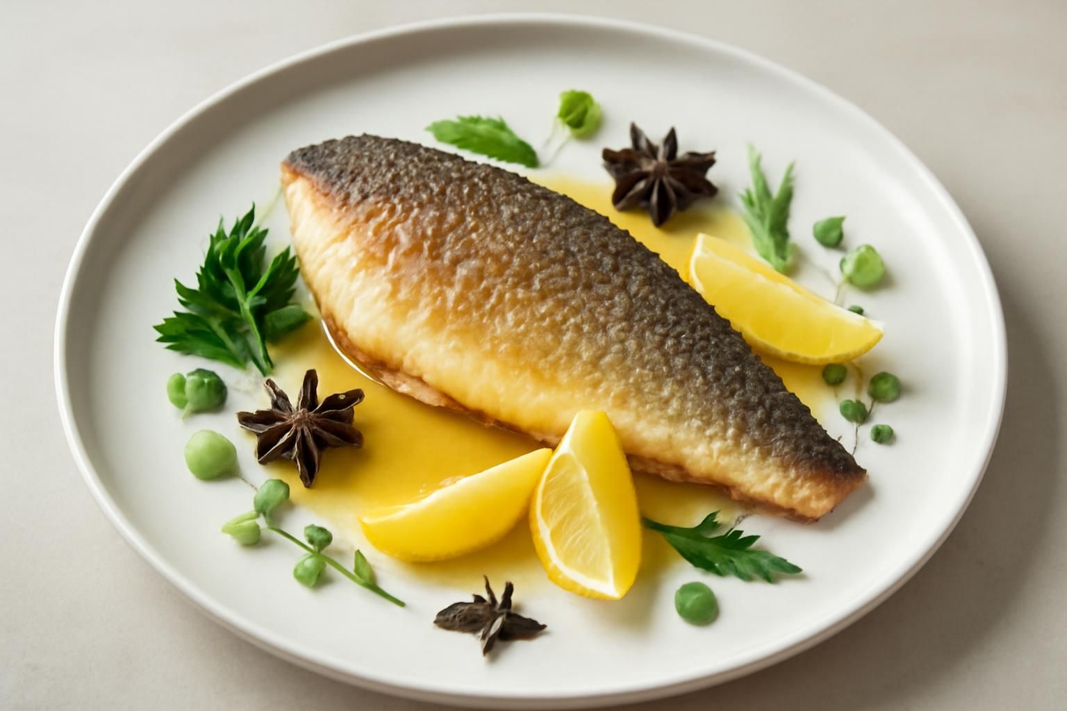 découvrez notre filet de bar délicatement parfumé à la badiane et au citron confit, pour des saveurs marines raffinées qui éveilleront vos papilles.