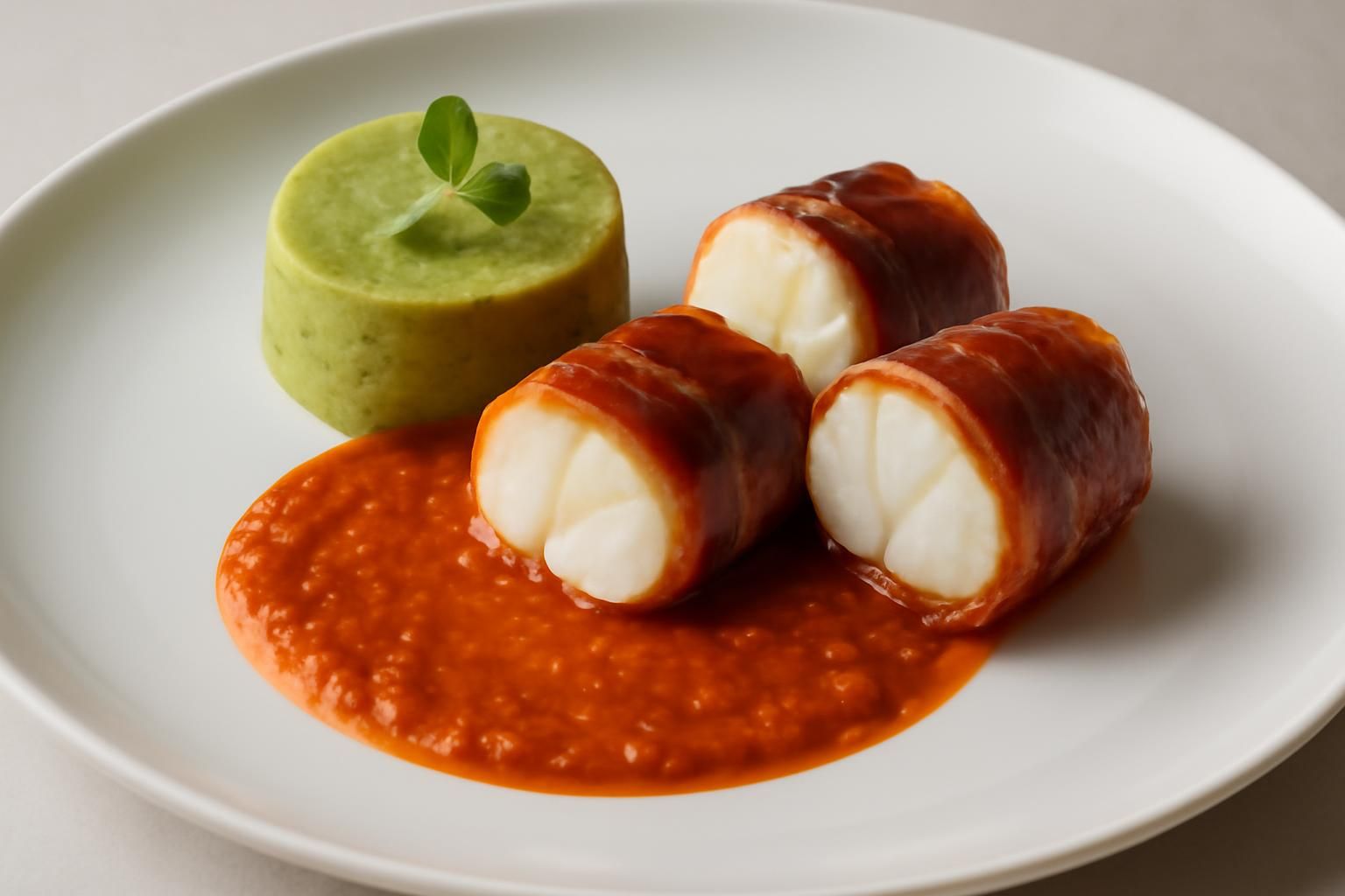 découvrez nos filets de lotte enroulés de jambon ibérico, généreusement nappés d'une sauce à la soubressade, accompagnés d'un flan onctueux de pois cassés pour une revisite gourmande des délices marins.