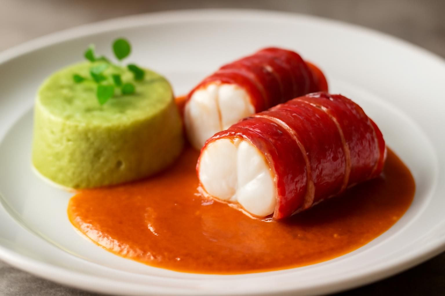 Filets de lotte enroulés de jambon Ibérico, nappés d’une sauce à la soubressade et flan onctueux de pois cassés – Délices marins revisités