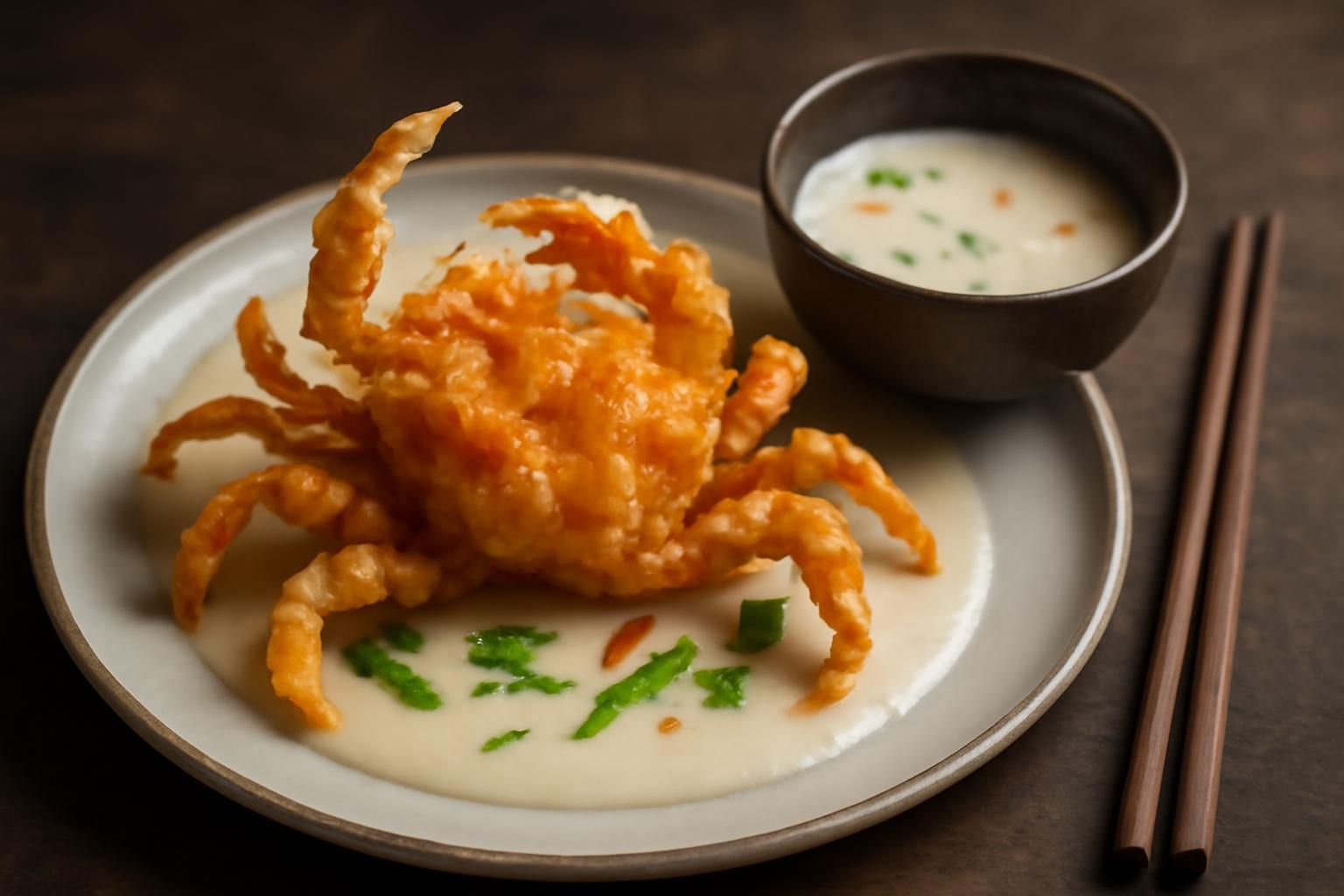 découvrez notre tempura de crabe en pleine mue, délicatement accompagnée d'une sauce coco thaï parfumée, pour une explosion de saveurs marines exquises et raffinées.