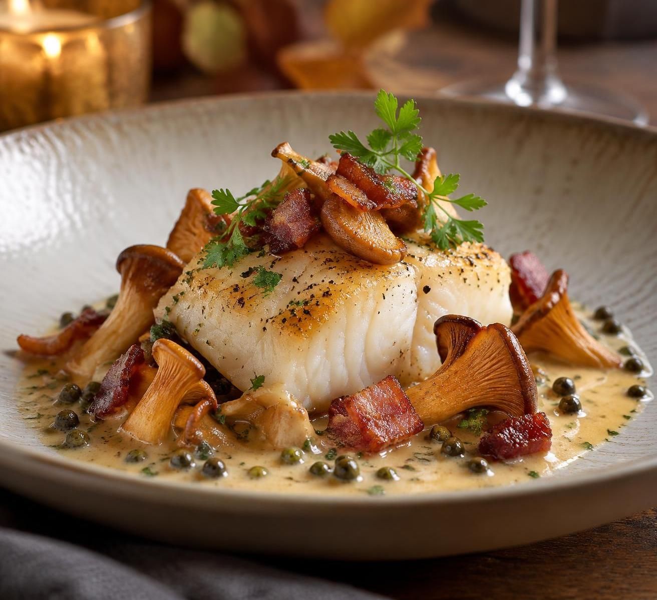 savourez un cabillaud délicat accompagné de girolles parfumées, de pancetta croustillante et d’une touche de poivre vert, pour une recette marine raffinée.