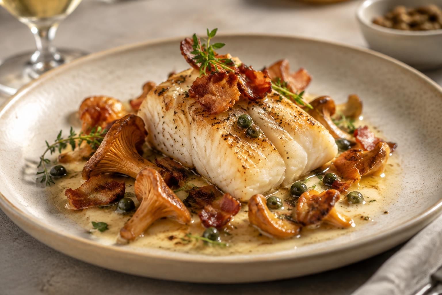 savourez un cabillaud délicat accompagné de girolles parfumées, de pancetta croustillante et d’une touche de poivre vert : une recette marine raffinée.