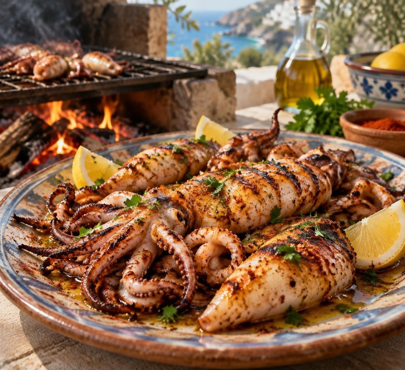 savourez des calamars grillés au feu de bois, sublimés par un beurre épicé au pimenton pour une expérience marine intense et parfumée.