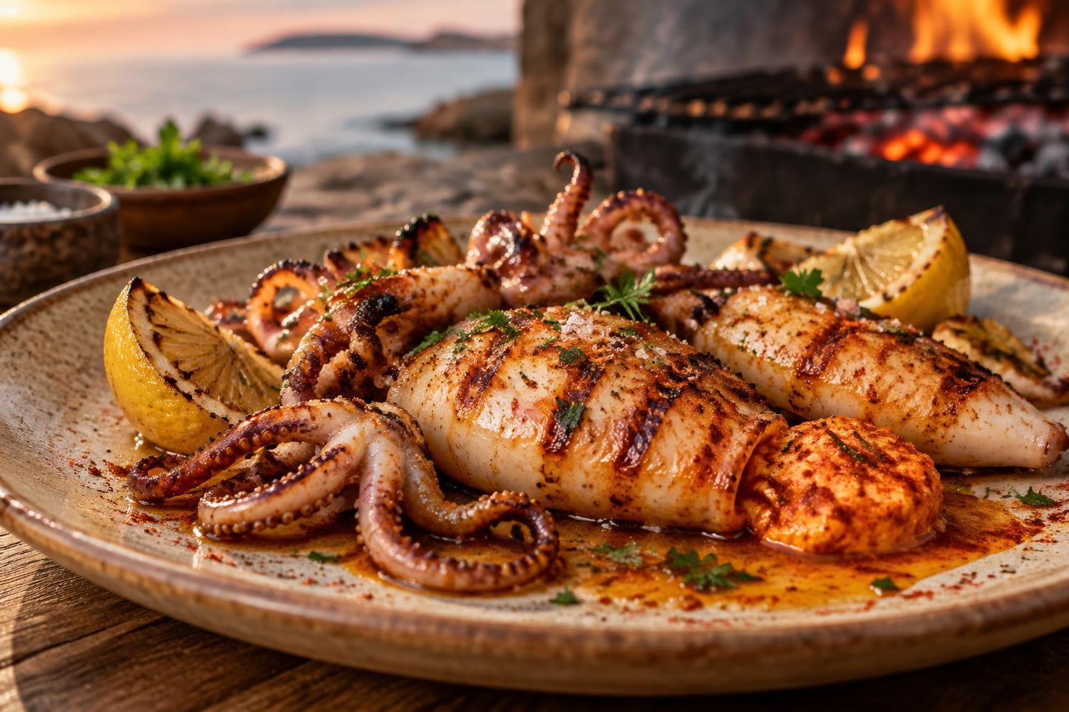 savourez des calamars grillés au feu de bois, sublimés par un beurre épicé au pimentón pour des saveurs marines intenses et parfumées.