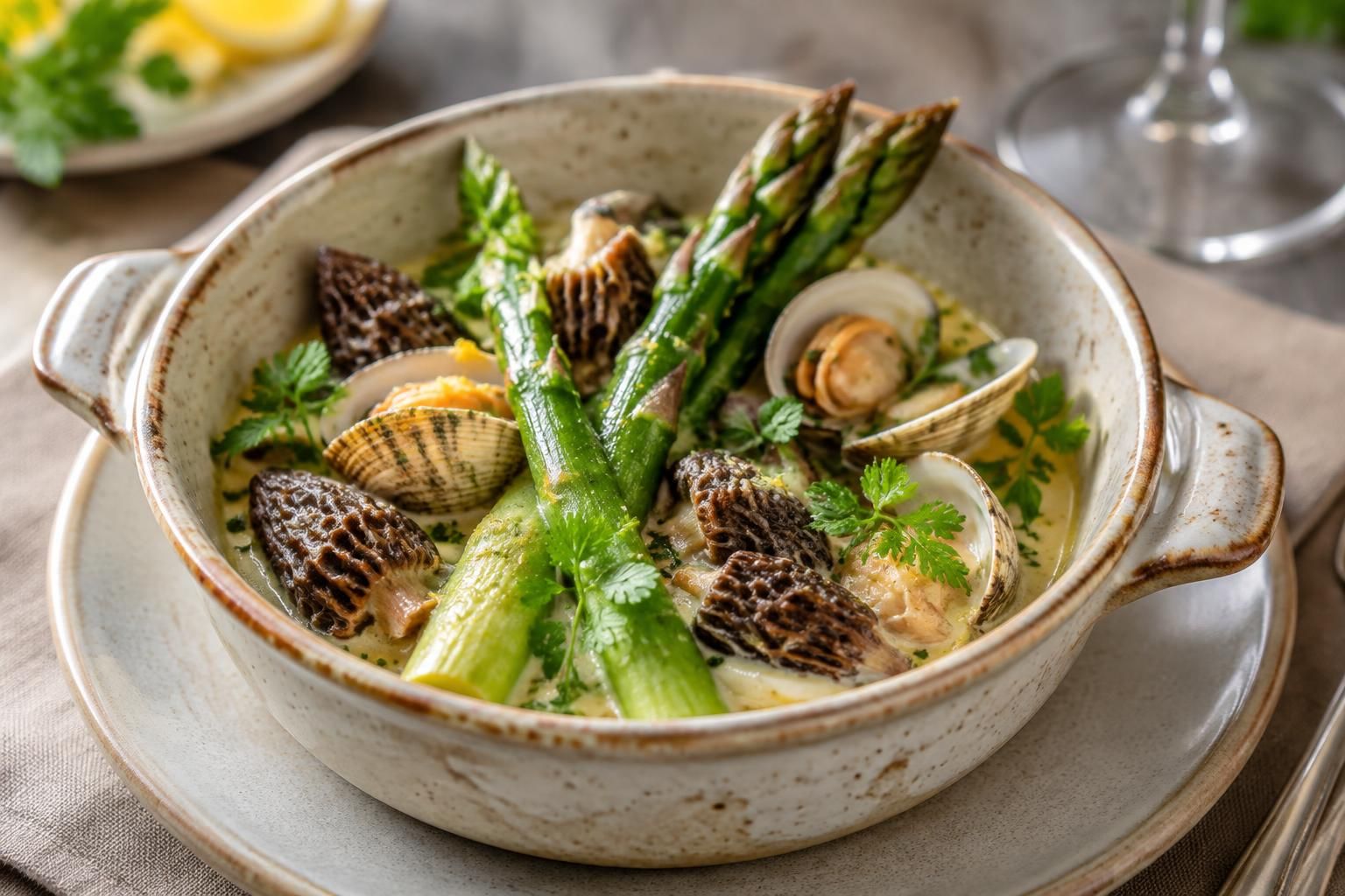 Délicatesse de cassolette aux asperges, morilles et coques : saveurs marines et printanières