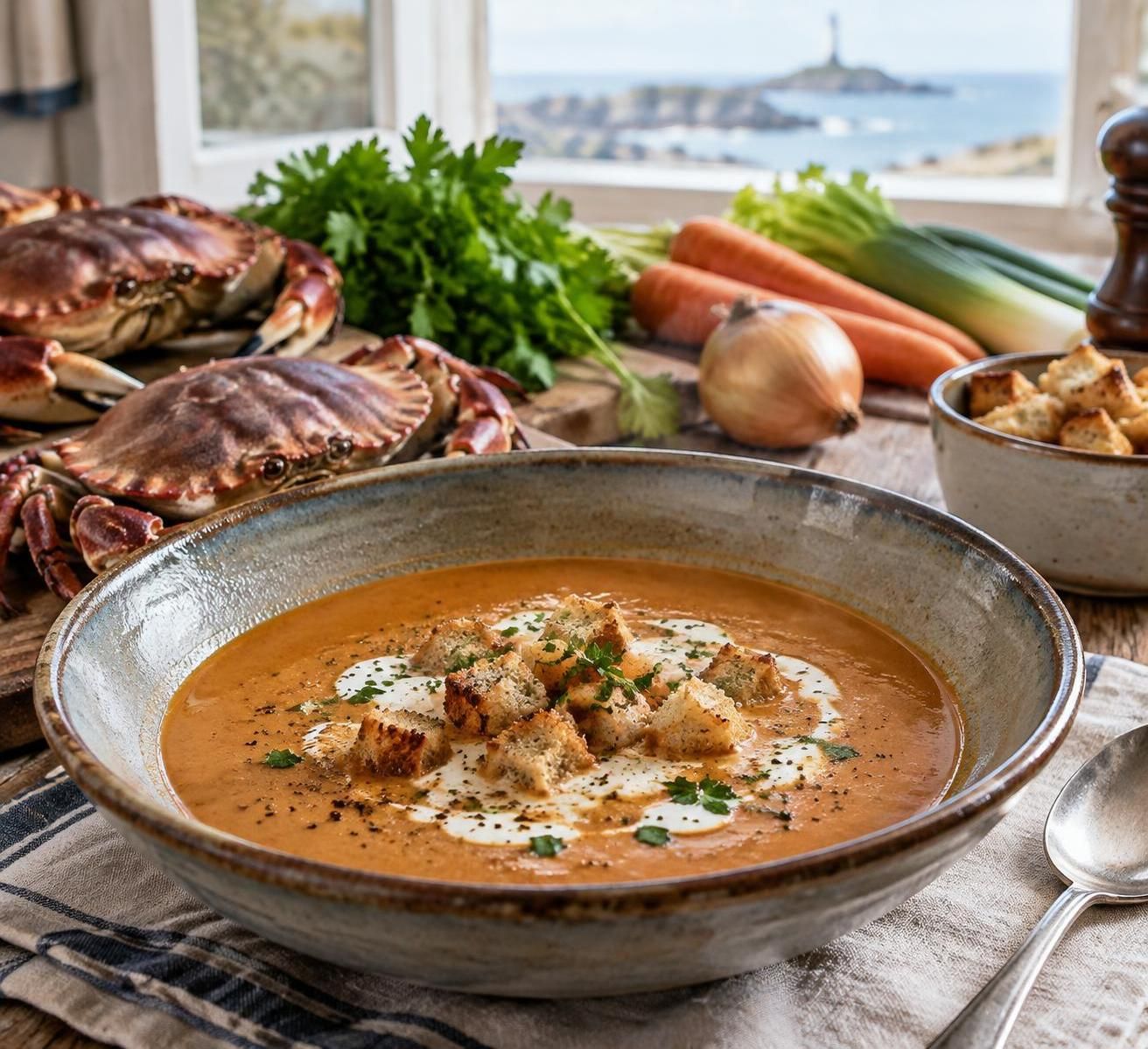 savourez la bisque d’étrilles, un trésor marin aux saveurs intenses et raffinées, pour une expérience gourmande au goût de l’océan.