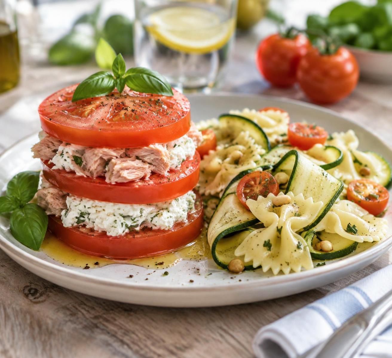 découvrez un millefeuille frais à la tomate, au thon et à la ricotta, accompagné d’une salade estivale de pâtes et de courgettes aux saveurs marines.