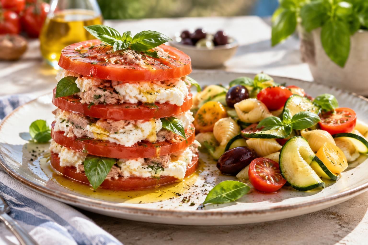 Délice en millefeuille : tomate, thon et ricotta accompagnés d’une salade estivale de pâtes et courgettes – Saveurs marines au rendez-vous
