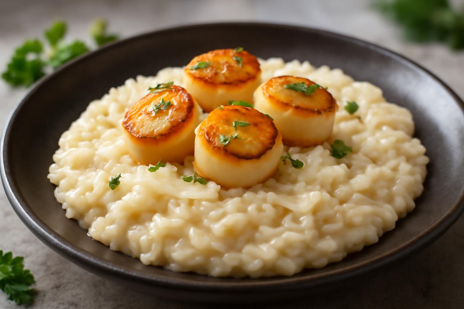 savourez un risotto crémeux au parmesan agrémenté de noix de saint-jacques, un délice marin raffiné et gourmand pour régaler vos papilles.