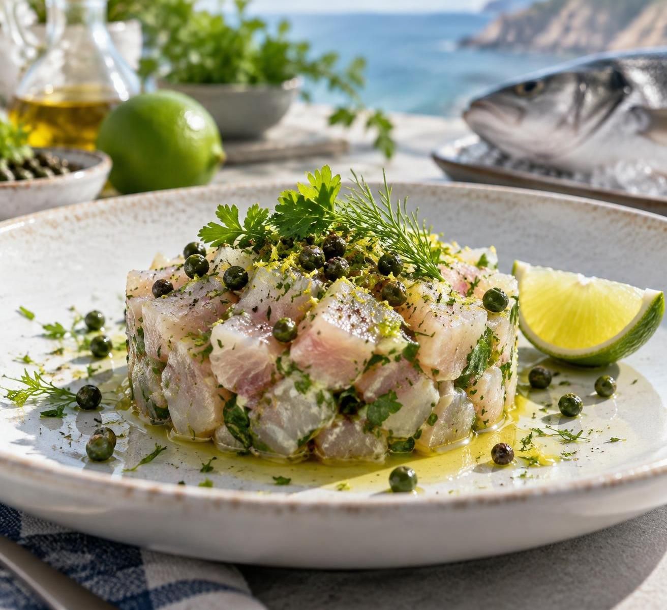 savourez un tartare de daurade royale frais et raffiné, relevé de poivre vert et d’herbes fraîches pour une entrée pleine de saveurs marines.