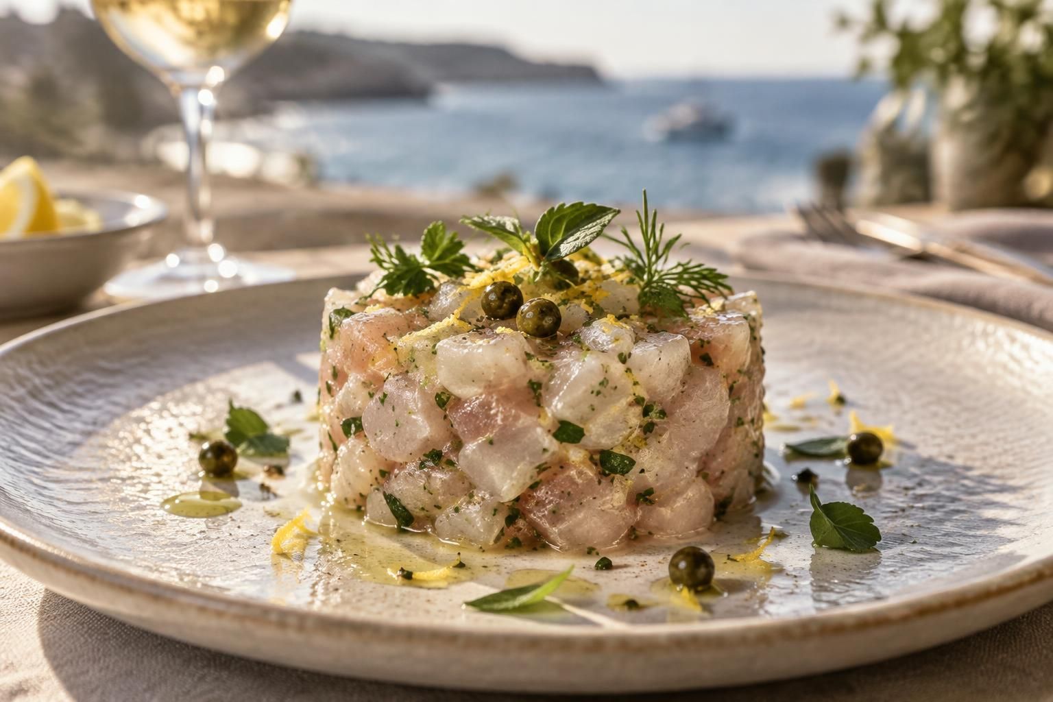Délice marin : Tartare de daurade royale parfumé au poivre vert et aux herbes fraîches