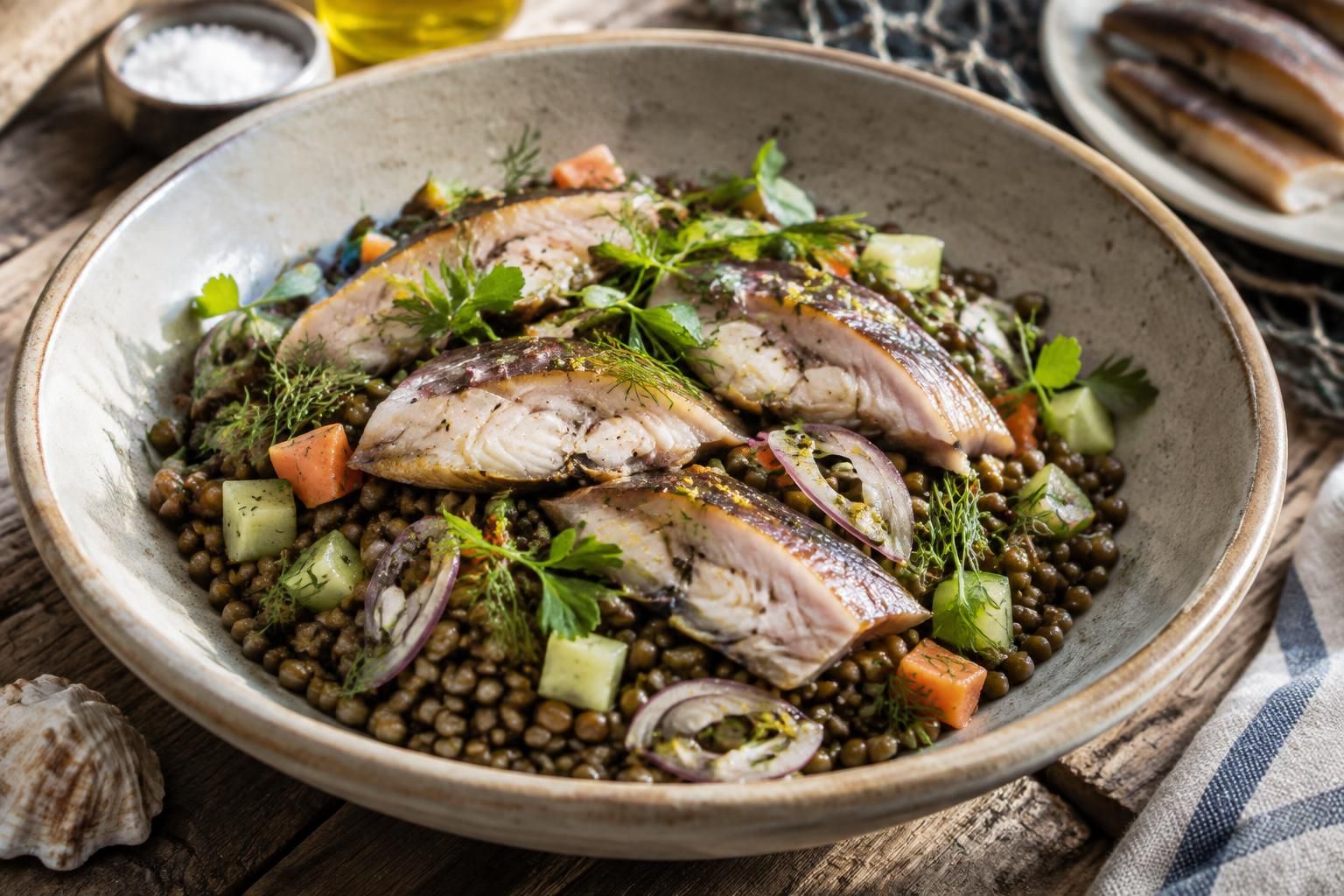 savourez une salade de lentilles généreuse, sublimée par la finesse de l’anguille fumée : une recette marine originale et pleine de saveurs.