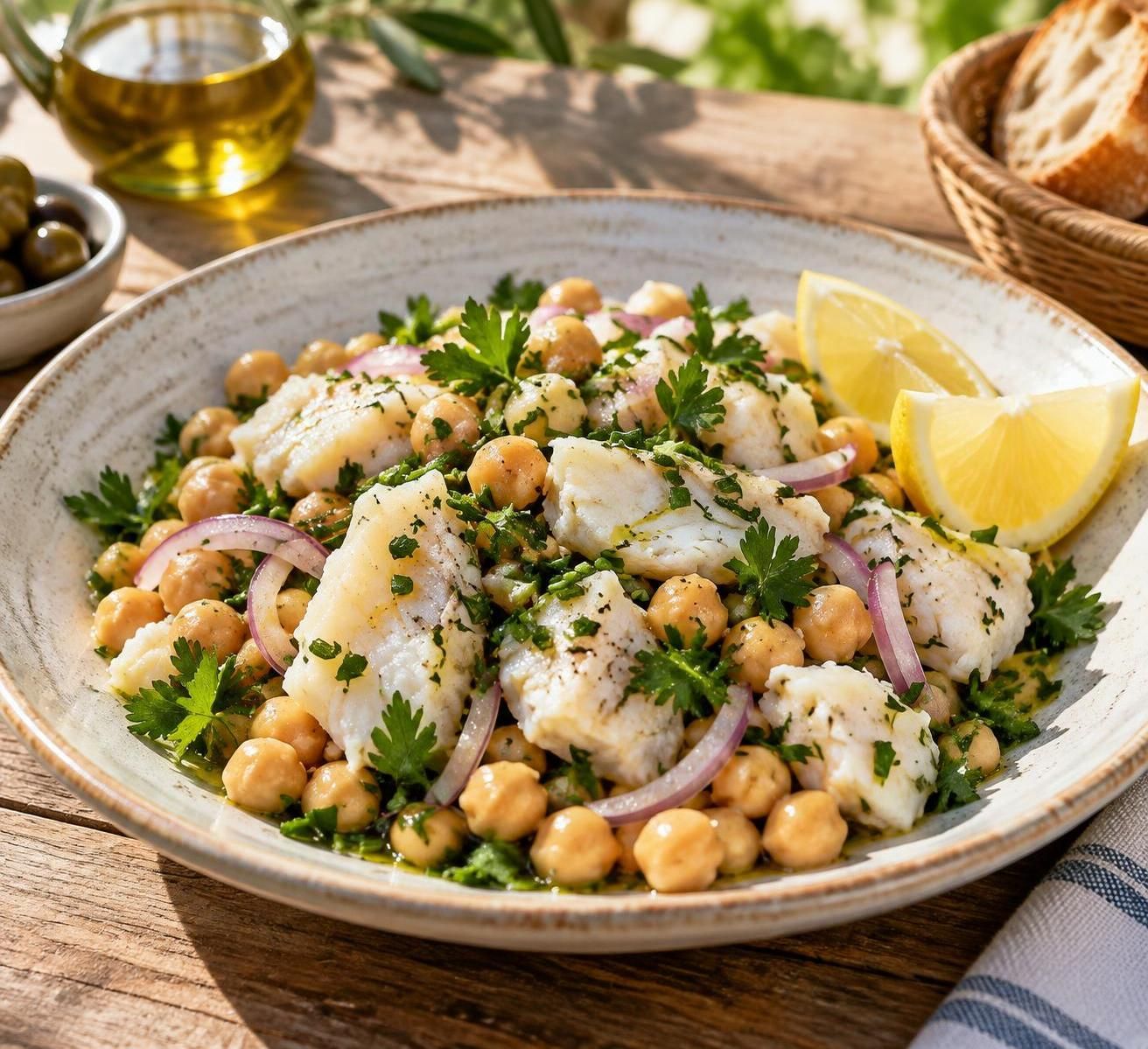 savourez une salade fraîche et gourmande de pois chiches aux joues de morue, une recette maritime pleine de saveurs et de fraîcheur.