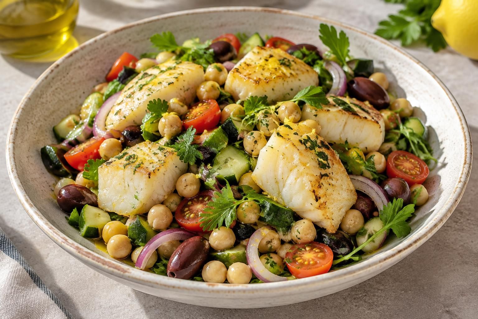 savourez une salade fraîche et gourmande de pois chiches aux joues de morue, idéale pour un repas marin léger et plein de saveurs.