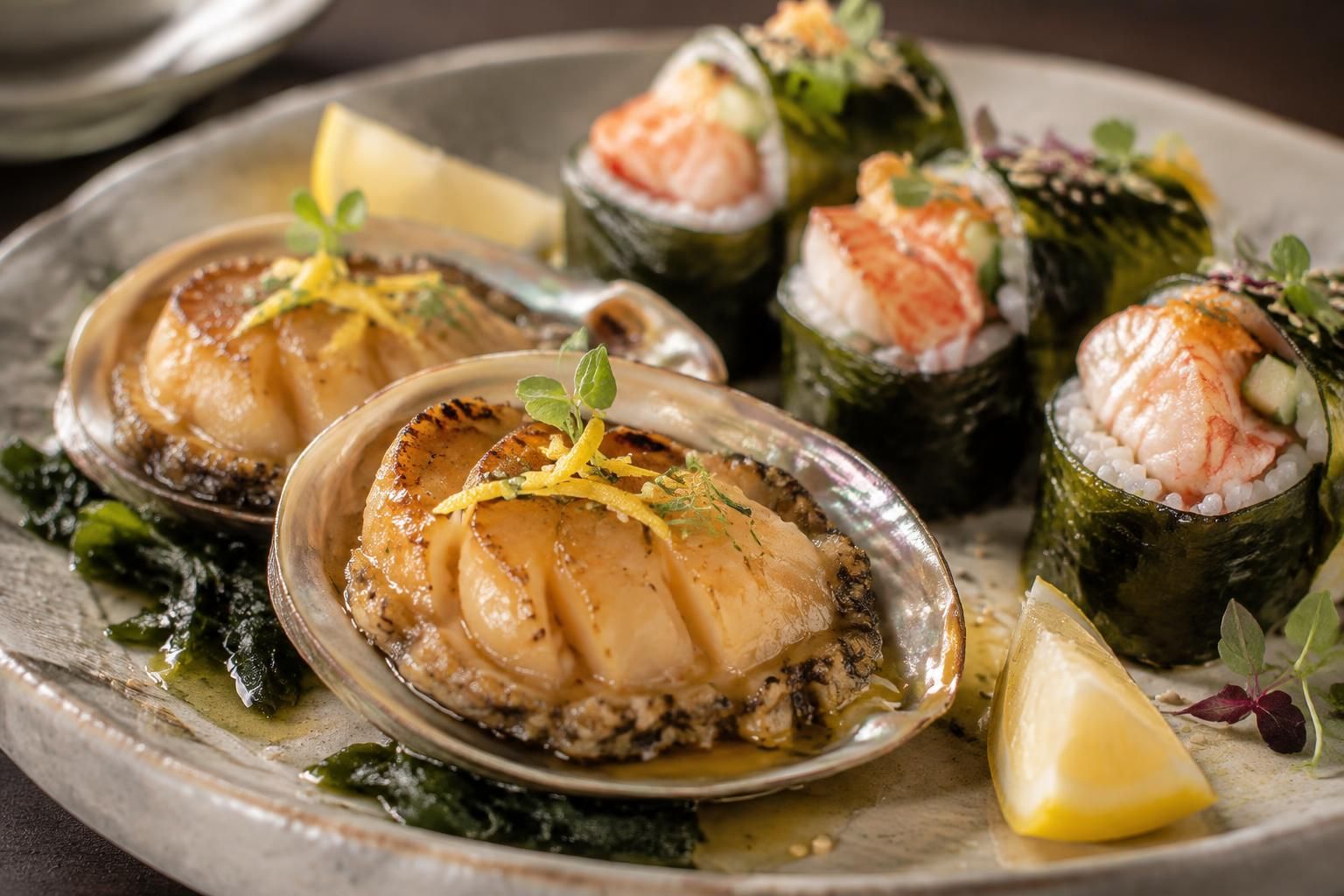 savourez des ormeaux délicatement parfumés au yuzu et des makis raffinés au wakamé et aux langoustines, pour une escapade marine pleine de fraîcheur.