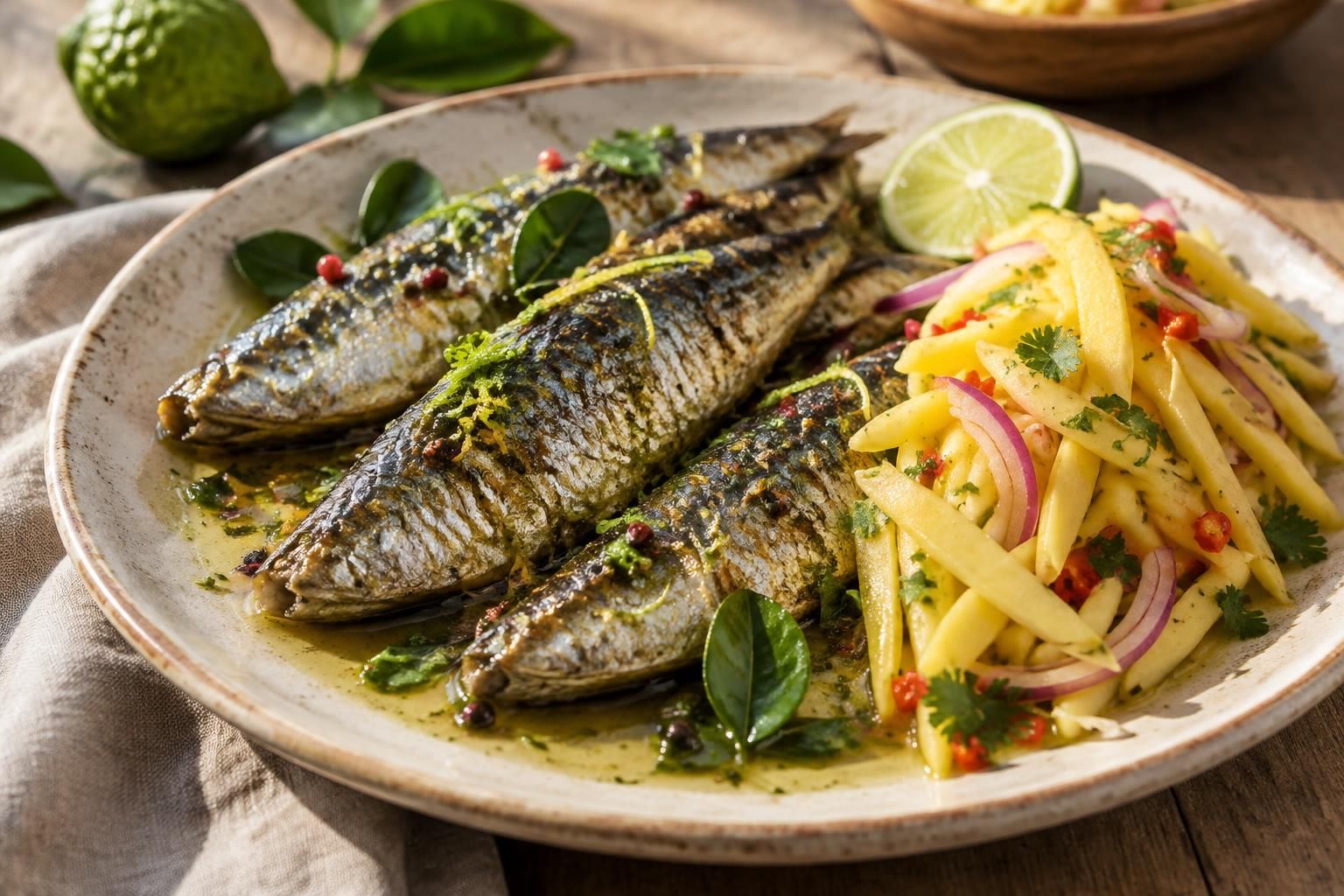 découvrez des sardines à l’huile délicatement infusées au combava, accompagnées d’un souskaï de mangue sable : une recette marine aux saveurs exotiques.